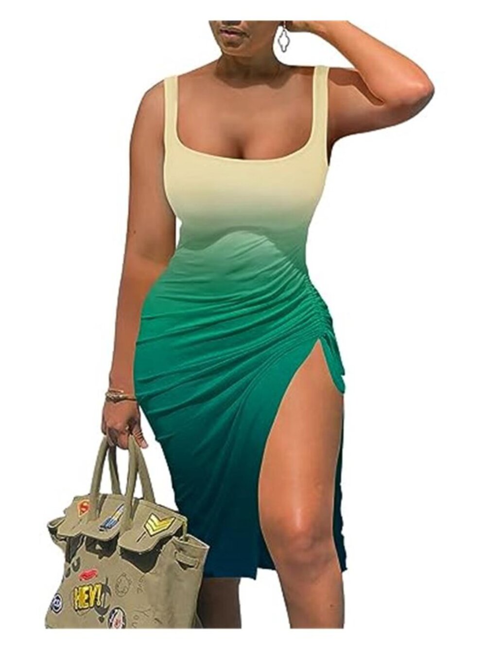 Scoop Neck Ruched Side Slit Midi Dress Sleeveless Bodycon Summer Party Dress